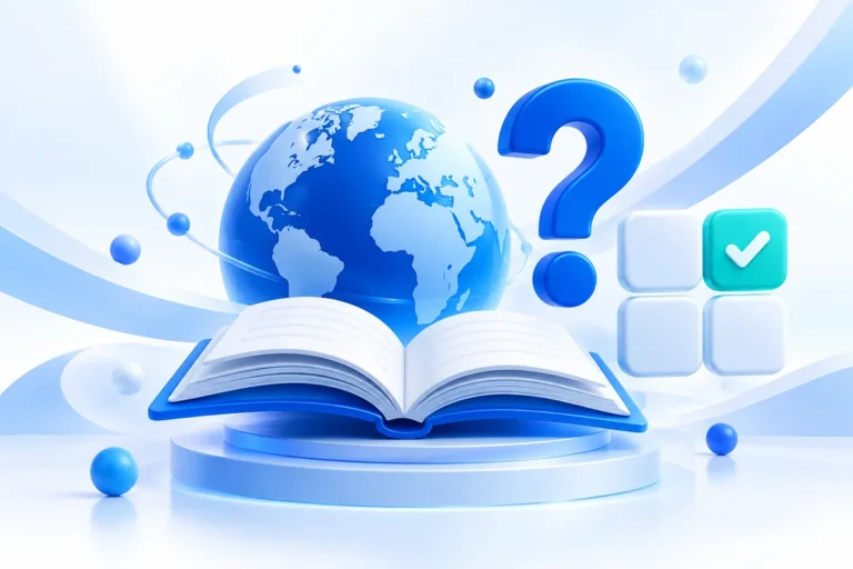 كرة أرضية وكتاب وعلامة استفهام لاختبار المعلومات العامة