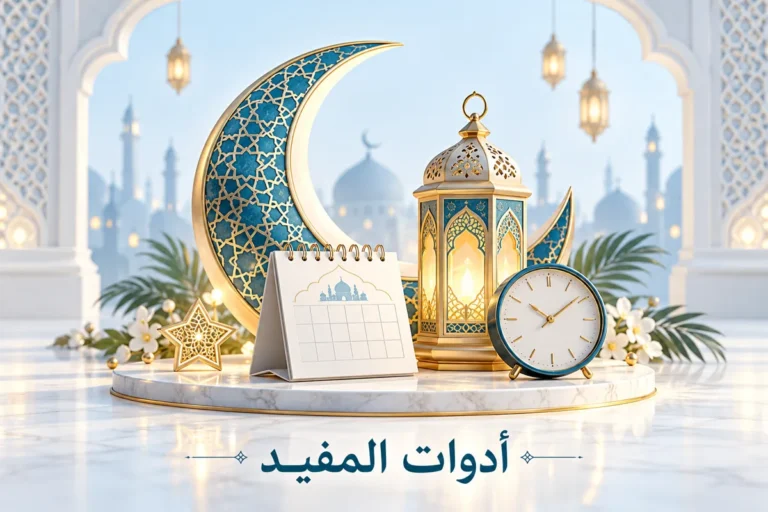 هلال وفانوس وتقويم وساعة ترمز للعد التنازلي لرمضان مع علامة أدوات المفيد