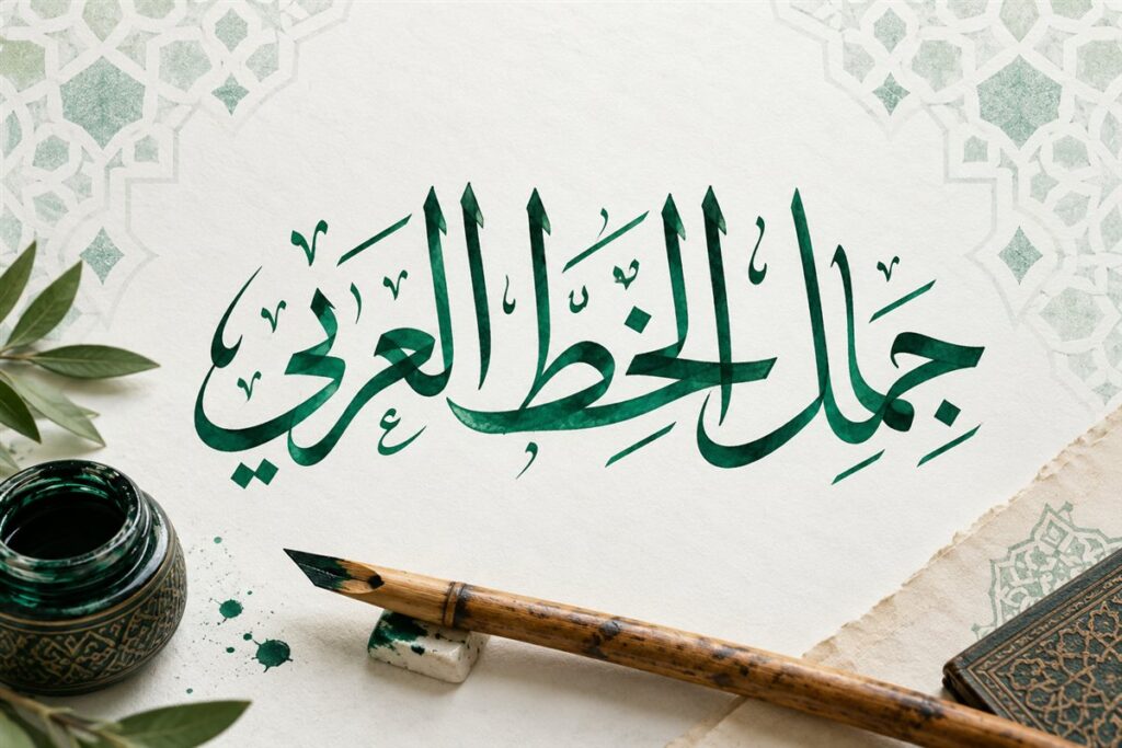 جمال الخط العربي بحبر زمردي مع قلم خط وزخارف هندسية