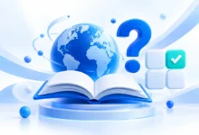 كرة أرضية وكتاب وعلامة استفهام لاختبار المعلومات العامة