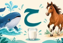 حرف الحاء مع حوت وحصان وكأس حليب