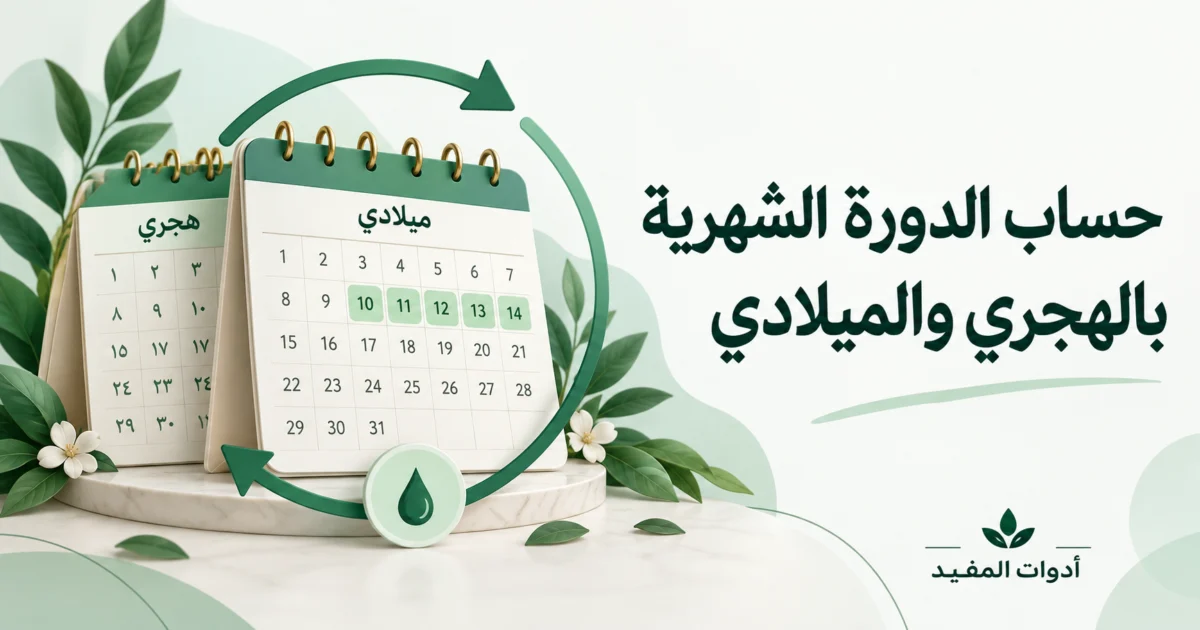 حساب الدورة الشهرية بالهجري والميلادي مع تقويم توضيحي بألوان أدوات المفيد