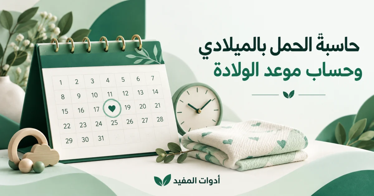 حاسبة الحمل بالميلادي وحساب موعد الولادة مع تقويم توضيحي بألوان أدوات المفيد