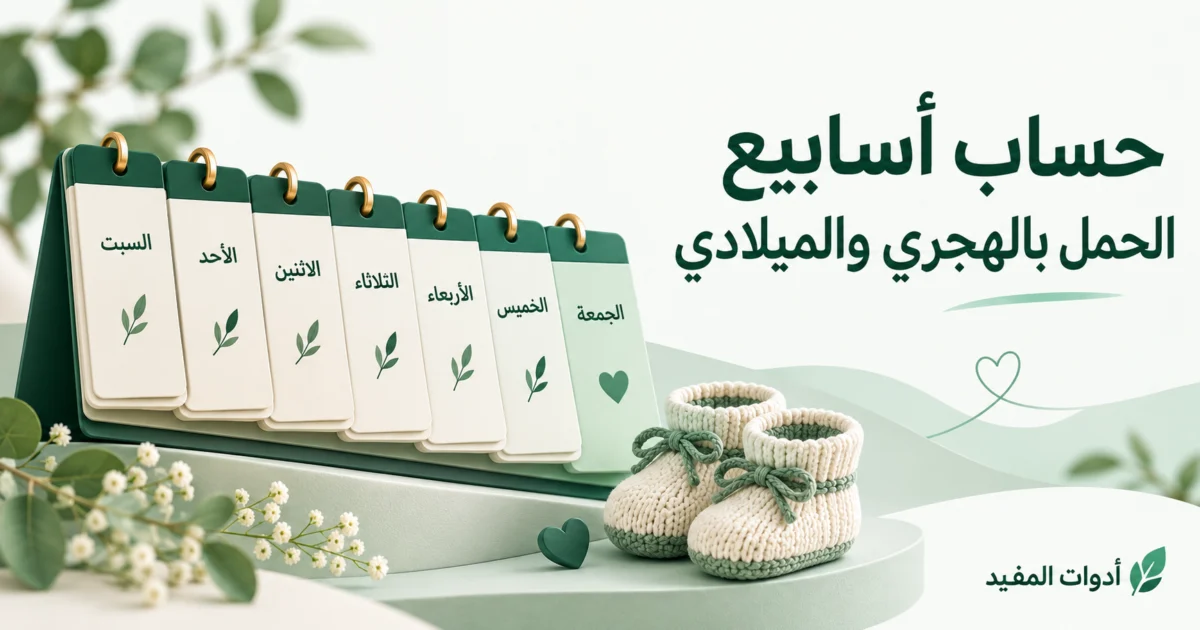 حساب أسابيع الحمل بالهجري والميلادي مع تقويم توضيحي بألوان أدوات المفيد