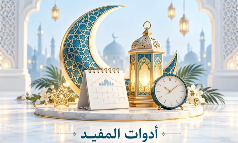 هلال وفانوس وتقويم وساعة ترمز للعد التنازلي لرمضان مع علامة أدوات المفيد